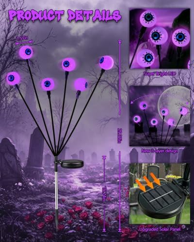 Solar Halloween Decorations Outdoor 4 Pack 24LED Purple Solar Eyeball Light
