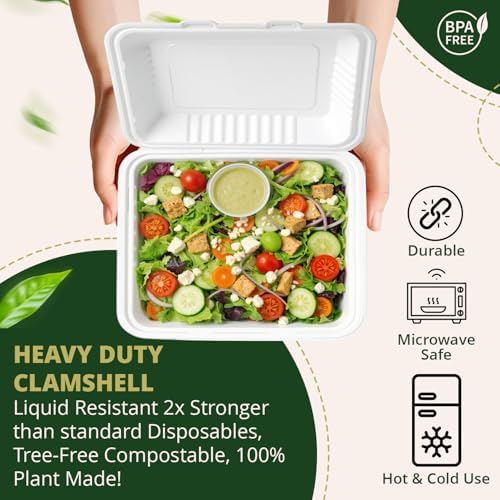 100% Compostable Clamshell Take Out Food Containers 6X6" 50-Pack Heavy-Duty Quality to go Containers, Natural Disposable Bagasse, Eco-Friendly Biodegradable Made of Sugar Cane Fibers