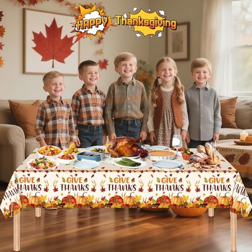 3 Pcs Thanksgiving Tablecloth Disposable - Give Thanks Tablecloths, Maple Leaves Pumpkin Fall Table Cloth Plastic Rectangle Table Cover for Thanksgiving Party Decorations Supplies Favors, 54x108 Inch