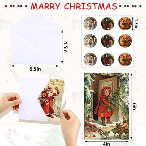 Hotop 120 Sets Vintage Christmas Cards Bulk Retro Christmas Postcards Xmas Tree Santa Snowman Little Girl Blank Note Holiday Greeting Card with Envelopes Stickers for Gift Friends Relatives