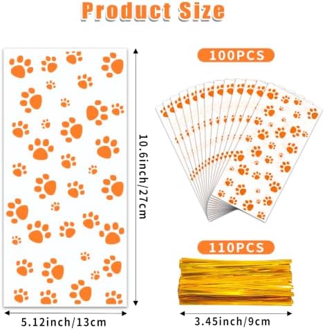ZYLOP 100Pcs Dog Treat Bags - 5 x 11 Inch Clear Orange Dog Cellophane Treat Bags with 110 Gold Twist Ties for Pet Treats, Cookies & Candy, Paw Print Bags for Fall Parties and Party Favors