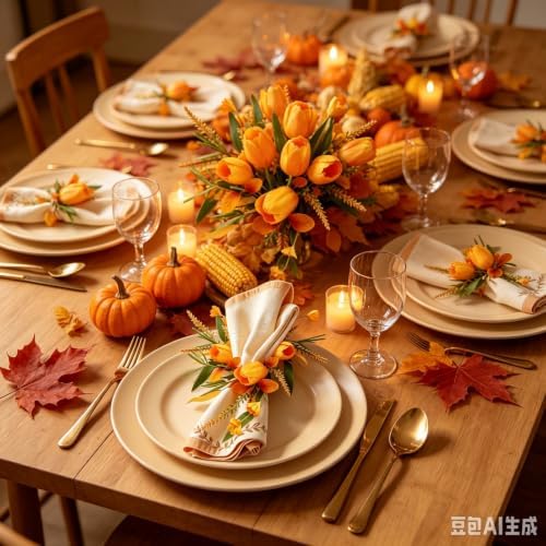 12 Pcs Fall Thanksgiving Napkin Rings Artificial Yellow Flower Golden Wheat Green Leaf Orange Autumn Foliage Wreath Napkin Ring Holder Buckles for Autumn Harvest Family Birthday Party Table Supplies