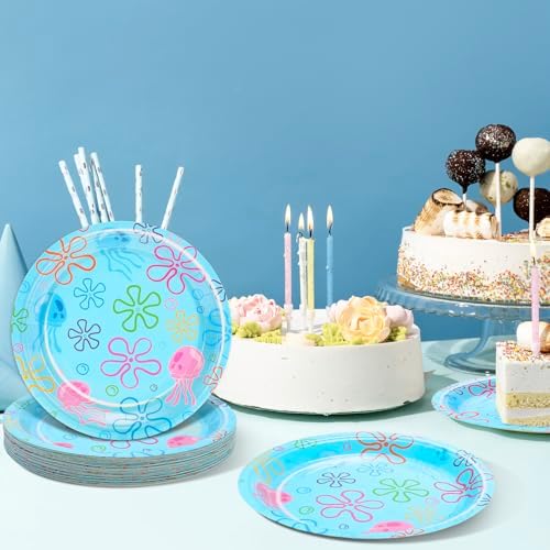 Whaline 40 Pcs Cartoon Sponge Paper Plates Flower Bubble Jellyfish Disposable Plates 9 Inch Under The Sea Party Tableware for Ocean Birthday Baby Shower Table Decor Supplies