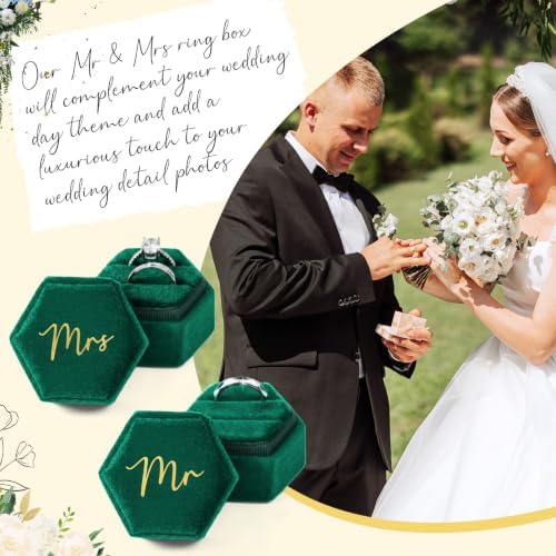 Mr & Mrs Velvet Wedding Ring Box 2 Slots Cursive Hexagon Jewelry Ring Box for Wedding Day Ceremony Bridal Photography Gift Set of 2 (Emerald Green)