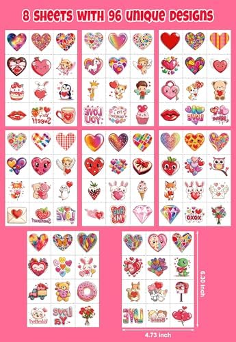 JCFIRE Valentines Day Stickers for Kids Temporary Tattoos, Heart Stickers for Valentines Day Gifts for Kids Classroom Exchange, Waterproof Decals for Party Favors, Goodie Bags, Crafts