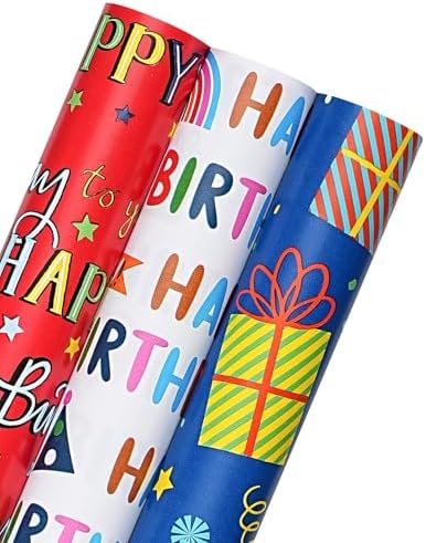 WRAPAHOLIC Birthday Wrapping Paper Roll - 3 Mini Rolls - 17 Inch x 120 Inch Per Roll - Gift Box and Happy Birthday Wrapping Paper for Boys Girls Kids, Baby Shower