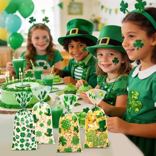 St. Patricks Cellophane Treat Bags – 50 Pack Green Shamrock Goodie Gift Bags with Twist Ties, 5×11 Inch Clear St. Patricks Candy Cookie Bags for St. Patrick Day Irish Party, Classroom, Holiday Favors