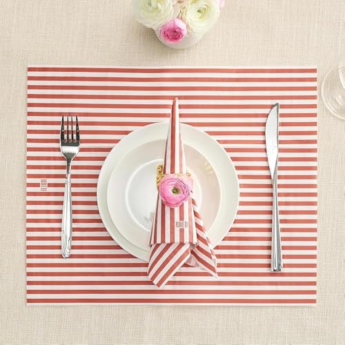 Khen 50-Count Luxury Disposable Napkins, European Stripes Design 2-Ply Tableware, Linen-Feel Paper Guest Towels, Elegant Soft & Absorbent Hand Towel, Party Napkin or Placemats 15.75"x13" - Maroon Red