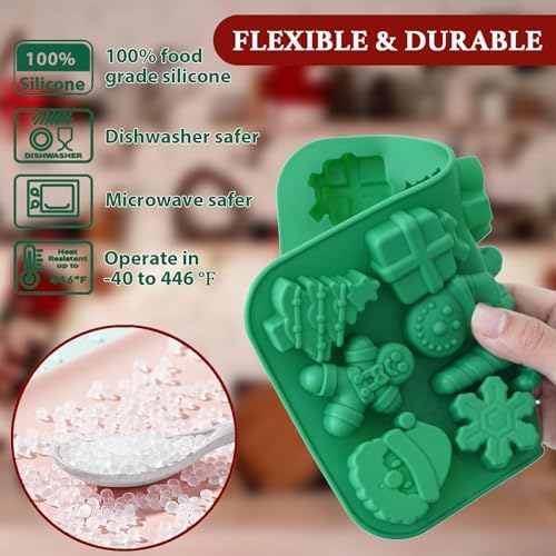 HKNMTT Christmas Silicone Chocolate Molds, 2 PCS Candy Baking Moulds, 3D Snowflake Cane Snowman Xmas Tree Gingerbread Man Santa Claus Gift Box Shape Mold for DIY Handmade Soap Candles Jello