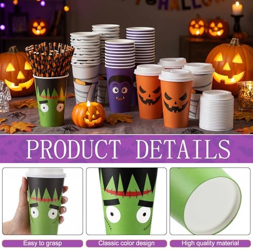 Bokon 172 Pcs/ 24 Sets of Summer Halloween Movie Night Snack Trays Funny Cartoon Pumpkin Vampire 3 Sizes Snack Boxes, 16 oz Disposable Drinks Cups, 50 Straws, Sealing Stickers for Cinema Party Decor