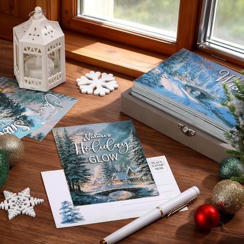 Nuanchu 80 Pcs Winter Snowy Forest Holiday Cards Bulk 4 x 6 Inch Christmas Pine Tree Postcards Xmas Snowy Mountain Greeting Card for Winter Holiday Birthday Party, 20 Designs