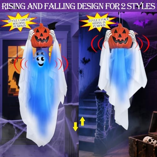 Sound Activated 43" Halloween Animatronics Hanging Ghost Holding Pumpkin