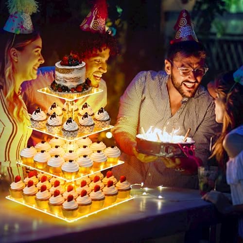 YestBuy Cupcake Stand with Yellow LED Lights, 4 Tier Cupcake Stand for 50 Cupcakes, Acrylic Cupcake Tower Stand, Clear Tiered Cupcake Holder for Birthday Candy Bar Décor Weddings, Parties Events