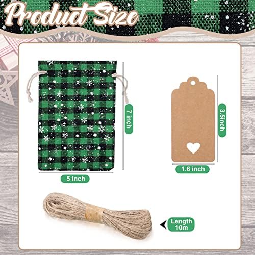 Shappy 24 Pcs Christmas Drawstring Gift Bags Xmas Buffalo Plaid Burlap Advent Bags 7 x 5 Inches Linen Treat Candy Bag with 32.8 ft Rope 24 Card(Black Green Snowflake)