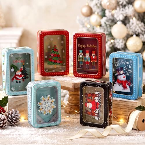 Landhoow 6 Pcs Christmas Cookie Tins with Lids Metal Gift Boxes,Style 2