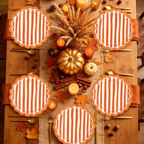 JarThenaAMCS 30Pcs Orange Stripe Paper Plates Fall Scalloped Disposable Plate Striped Dessert Plate for Autumn Thanksgiving Birthday Bridal Baby Shower Wedding Party Table Decor