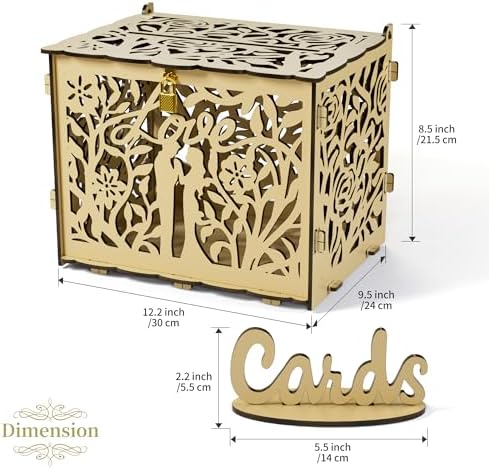 Jolik Bride and Groom Wedding Card Box with Sign, Large Rustic Locking Money Box Holder for Wedding Reception, Gift Card & Envelope Storage, DIY Anniversary & Birthday Party Decoration(Yellow)