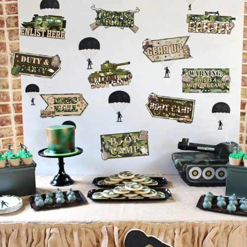 Hooqict 20 Pieces Army Party Sign Camouflage Military Birthday Party Decorations Directional Signs for Boys Men Camo Army Retirement Decorations Welcome to Boot Camp Party Supplies
