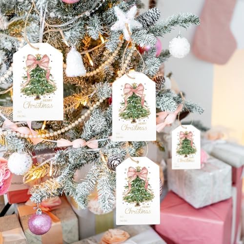 Teling 50 Pcs Christmas Gift Tags with String Pink Bow Merry Christmas Tags