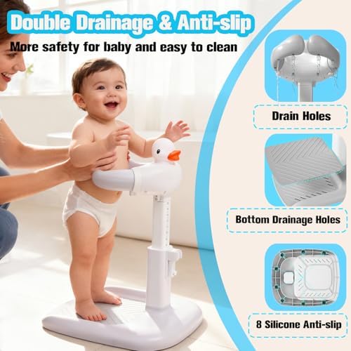 Baby Shower Stand 𝙬𝙞𝙩𝙝 𝙎𝙝𝙤𝙬𝙚𝙧 𝘾𝙖𝙥 & 𝙎𝙩𝙤𝙤𝙡 - Safety & Non-Slip Baby Bath Stand, Toddler Shower Stand for Infants 6-36 Months, Shower Standing Support Max 35 Lbs Capacity