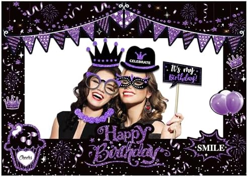 38 Pcs Birthday Photo Booth Props Kit with Frame, Happy Birthday Party Favors Supplies Bday Party Decorations Set for Girls Women Really Glitter Selfie Paper Party Supplies (Purple)