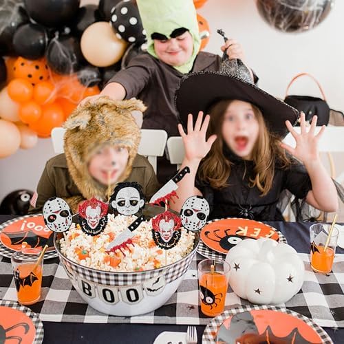 24 PCS Halloween Horror Movie Cupcake Toppers, Bloody Knife Picks, Have a Killer Birthday Cake Decorations for Classic Movie Characters Theme Party Supplies