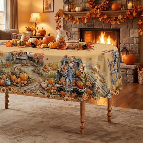 Fall Tablecloth 60×84 Inch Oval, Fall Harvest Decorations for Home Table Cloth, Truck Scarecrow Pumpkin Decor Washable Seasonal Autumn Thanksgiving Tablecloths Polyester for Picnic Party Dinner