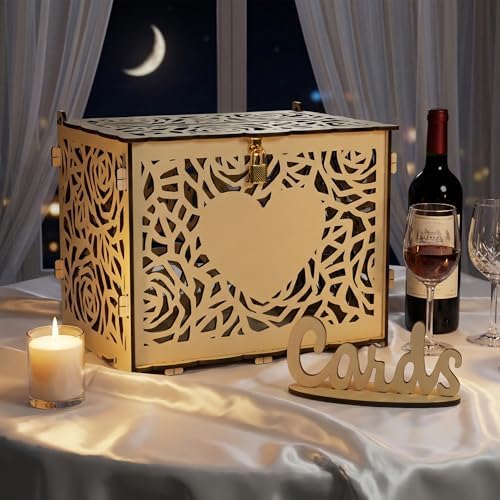 Jolik Love Wedding Card Box with Sign, Large Rustic Locking Money Box Holder for Wedding Reception, Gift Card & Envelope Storage, DIY Anniversary & Birthday Party Decoration (Yellow)