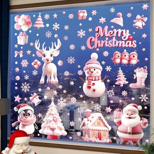 9 Sheets Christmas Window Clings, 3D Pink Santa Claus Snowman Penguin Deer Snowflake Christmas Tree Glass Door and Window Double-Sided Winter Holiday Decoration Sticker