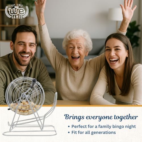 WE Games Retro Bingo Game Set with Metal Rotary Cage, Deluxe Wooden Master Board, Wood Balls, Party Games for Families, Fairs, and Churches