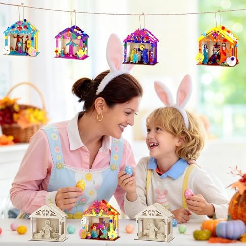 8Pcs Christian Easter Crafts Wooden House for Boy Girl & Adult, Religious Easter Activities DIY Kit with Jesus He Is Risen Egg Bunny, Spring Bible Art Gift for Basket Stuffers Party Favors Decor Bulk