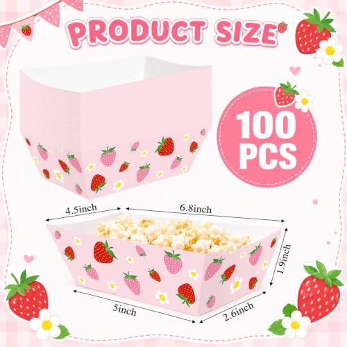 100 Pcs Strawberry Paper Food Trays, Pre-Folded Disposable Food Boats for Cookies, Cupcakes, Popcorn, Candy, Snacks, Strawberry Birthday, Baby Shower, Bridal Shower Party Supplies