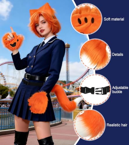 Cat Ears and Tail,Wolf Fox Ears Long Tail and Bell Lace Choker Set for Halloween,Animal Cosplay Party Costume