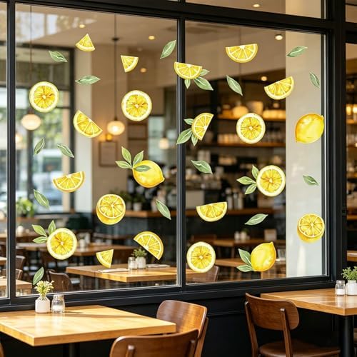 4 Sheets Static Cling Summer Lemon Window Clings 112 Pcs Cute Reusable PVC Window Stickers No Adhesive Removable Fruit Decals for Kitchen Glass Door Cabinet Refrigerator Home Decor