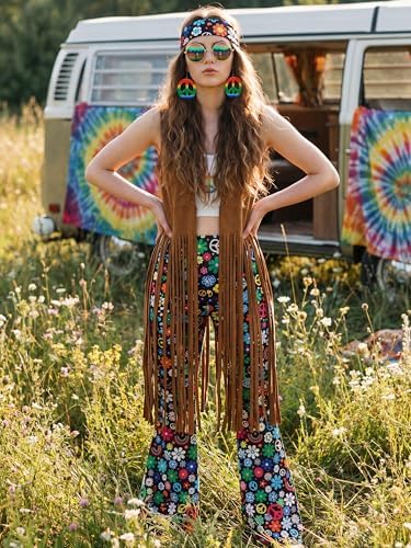 SOMSOC 7 Pieces 60s 70s Women Hippie Costume Fringe Vest Bag Pant Headband for Disco
