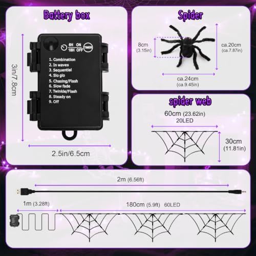 Halloween Decorations Spider Web Lights 6FT 60LED Battery Operated/USB Powered with Black Spider with Timer 8 Modes Indoor Outdoor for Halloween Decor, Purple