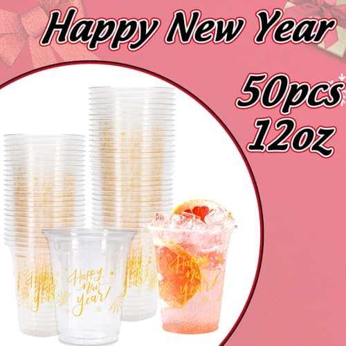 Whaline 50Pcs 12oz Happy New Year Disposable Cups Gold Plastic Party Cups New Year Eve Clear Plastic Glasses for Winter Holiday Drinks Party Supplies