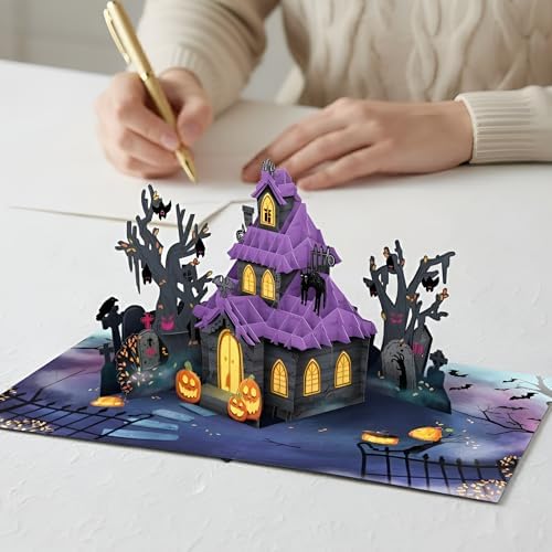 Paper Love Halloween Card | 3D Pop-Up Haunted House Greeting Card for Kids, Adults, or Spooky Friends | 5" x 7" w/Envelope & Note Tag
