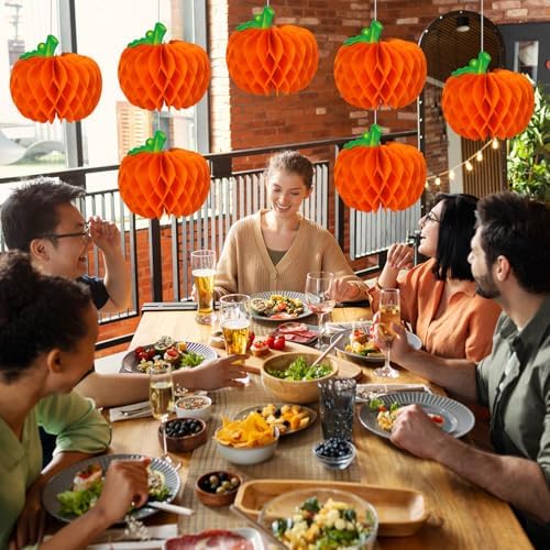 6 Pcs Pumpkin Honeycomb Decorations, Thanksgiving 3D Pumpkin Table Centerpieces, Fall Honeycomb Paper Tissue Balls for Halloween Thanksgiving Party Decor Harvest Festival Supplies