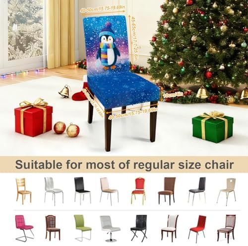 Penguin Chair Covers Set of 4, Stretchable Winter Themed Dining Chair Slipcovers with Snowflakes for Christmas Holiday Decor