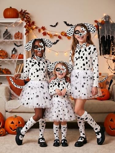 AOTHSO 8 Pieces Halloween Girls Dalmatian Costume Set with Dog Accessories Long Sleeves Tutu Skirt for Kids Cosplay
