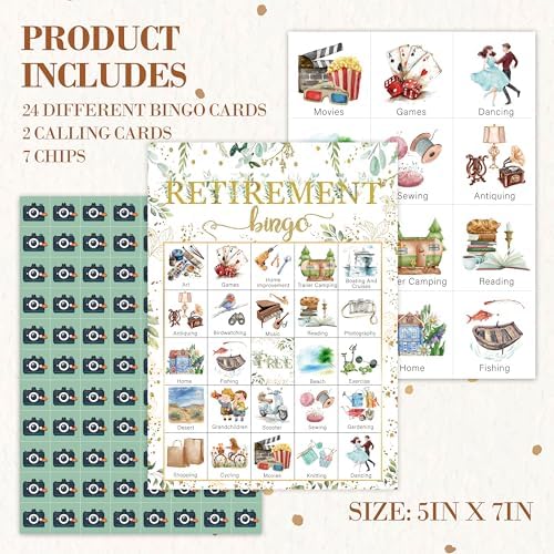 Retirement Bingo Game, Greenery Bingo Cards Set, Retirement Party Bingo Supplies for Adults, Family Friend Office Activities Favors Decorations for 24 Player, 01