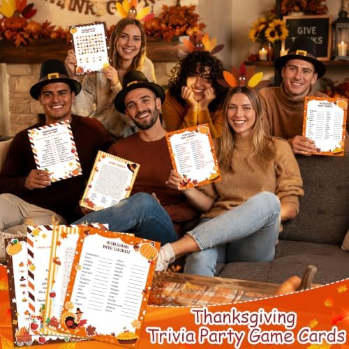 LOAVER 54 Pcs Thanksgiving Trivia Party Game Cards, Double-Sided Word Scramble Search Picture Hunt Activity Cards for Thanksgiving Family Gathering Fall Holiday Party Games Harvest Activities