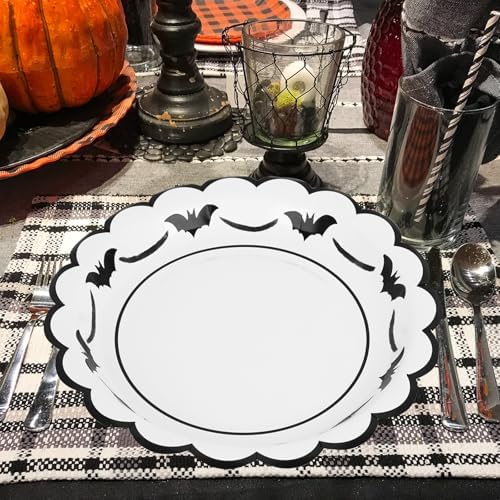 JarThenaAMCS 50 Pcs Halloween Paper Plates Bat Scalloped Disposable Plate Spooky Decorative Tableware for Holiday Party Decor Supplies, 9 In