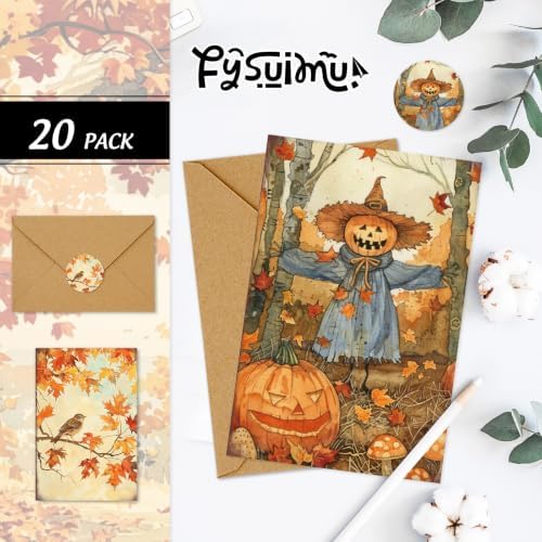 FYSUIMU Fall Greeting Cards 4 x 6 Inch Boxed Autumn Truck Pumpkin Leaves Blank Note Card with Envelopes Stickers Glue Stick for Thanksgiving Harvest Party Supplies, 20 Pack