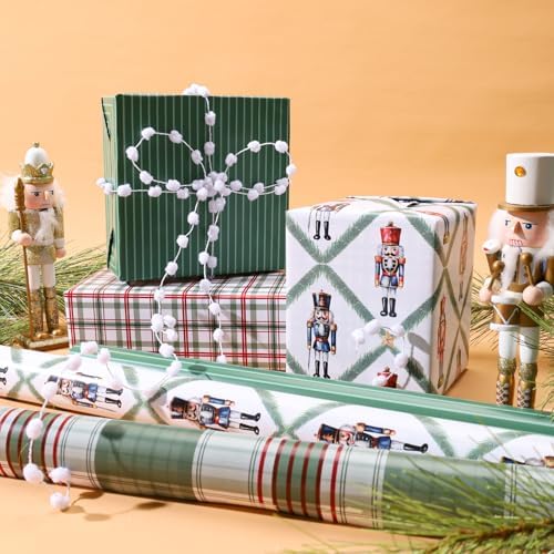 LaRibbons Reversible Plaid Christmas Wrapping Paper Set, Retro Nutcracker