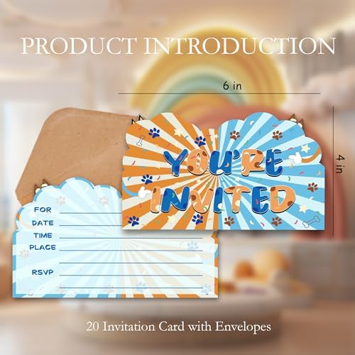 Blue Cartoon Dog Birthday Invitations for Boys Party Invites with Envelopes