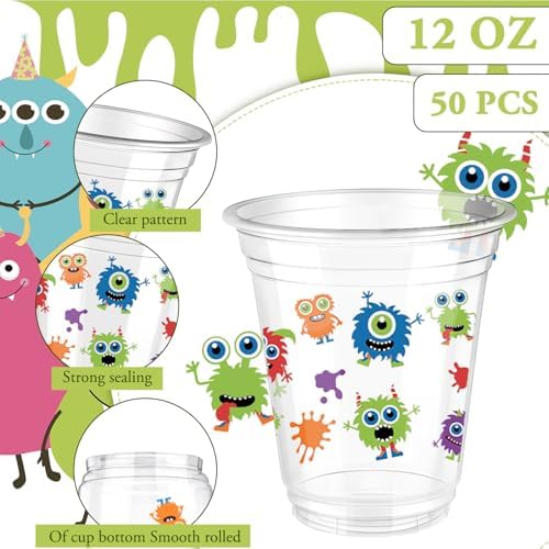 Uiifan 50 Pcs Halloween Monster Cups Little Monster Birthday Party Supplies