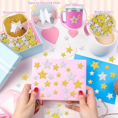 855Pcs Foam Stickers Glitter 3D Star Foam Shapes Stickers Self Adhesive Gold and Silver Star Foam Stickers for DIY Crafts Scrapbooking Classroom Arts Project Home Theme Party Decor(Gold Silver Star)