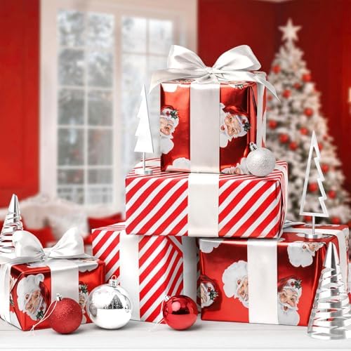 LaRibbons Vintage Santa Foil Christmas Wrapping Paper Jumbo with Red Stripe